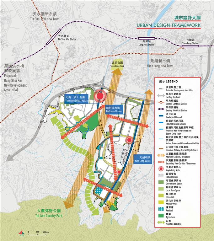 This is a plan showing the urban design framework for Yuen Long South.
